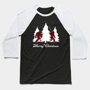 Buffalo Plaid Bigfoot Merry Christmas Tree Xmas Sasquatch Baseball T-Shirt